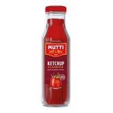 A 300g glass bottle of Mutti Tomato Ketchup Classico with a red cap and label, featuring tomatoes and text highlighting its authentic flavour, made from 100% Italian tomatoes.